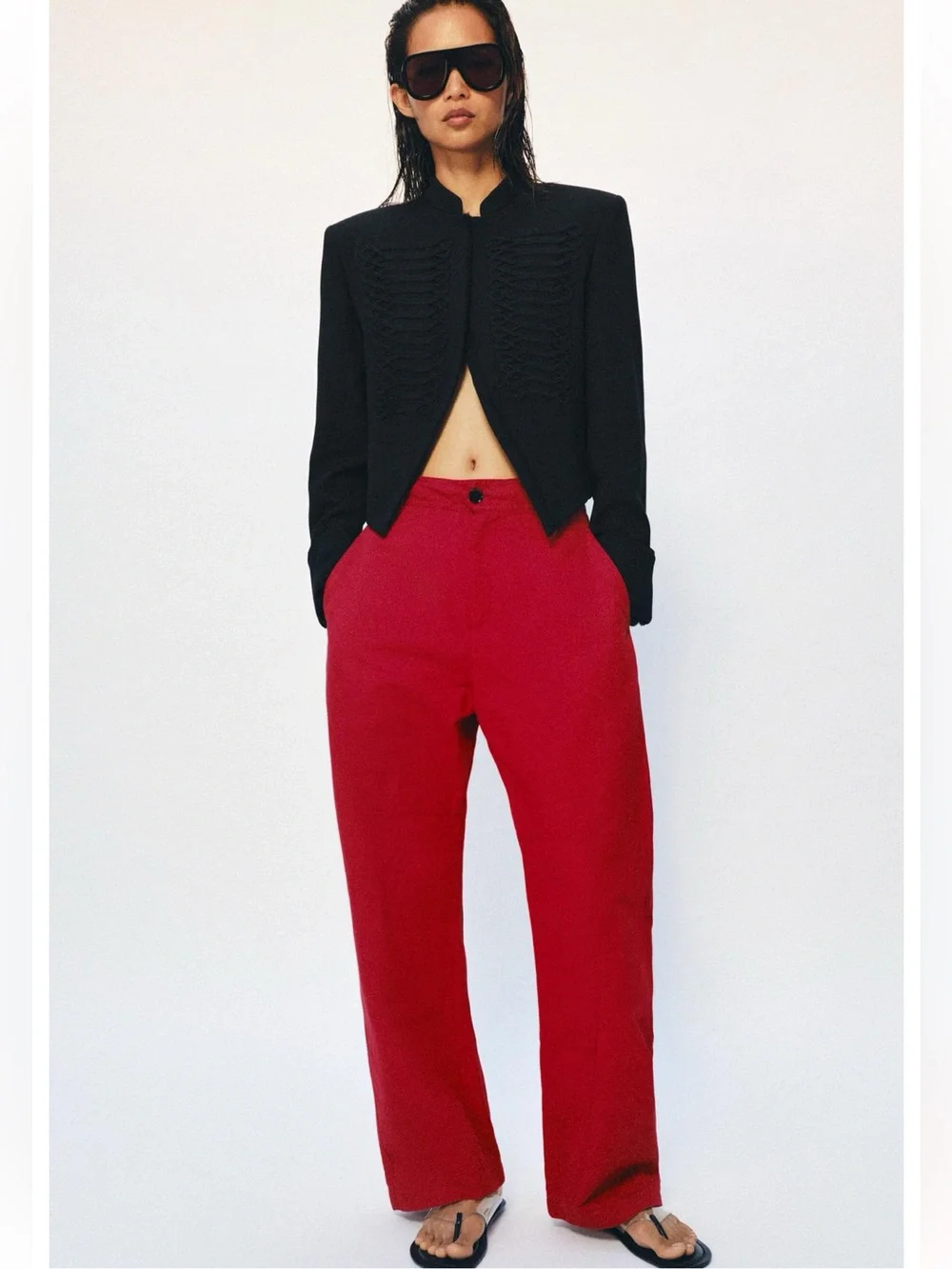 Zara ZW Collection Frog Clasp Blazer in black, featuring a high stand-up collar
